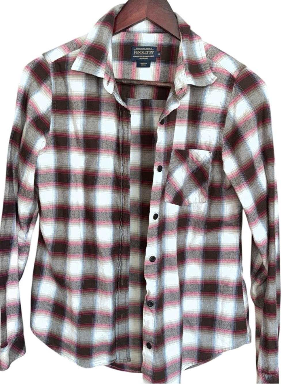 Pendleton Women's Small S Button Up Shirt Plaid Brown Pink 100% Cotton